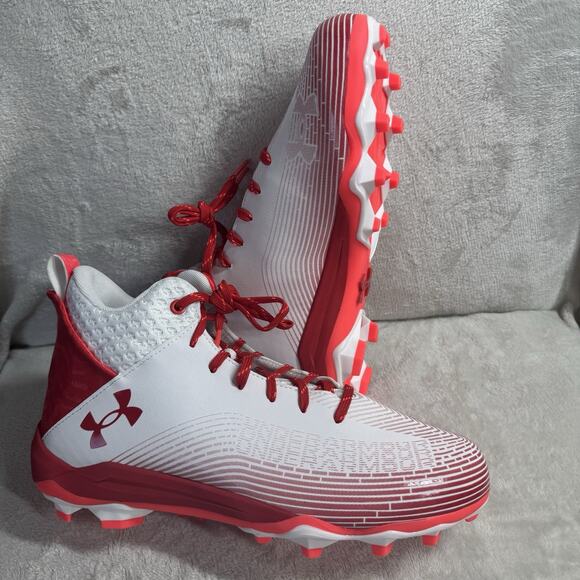 Under Armour NEW Football Cleats Mens Shoes 11.5 HAMMER 2 MC WHITE RED Logo - Picture 1 of 9